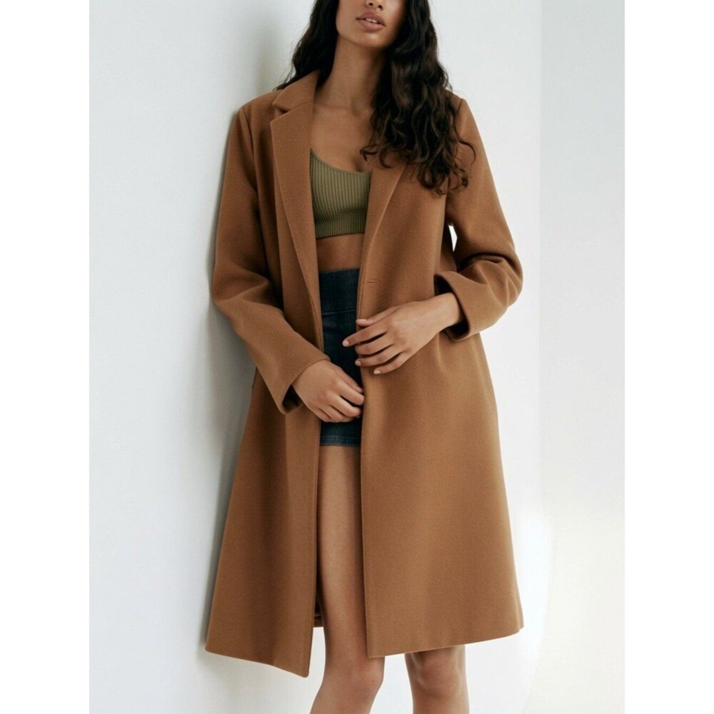 Zara Basic Soft Camel Coat Long Open Front Size Small